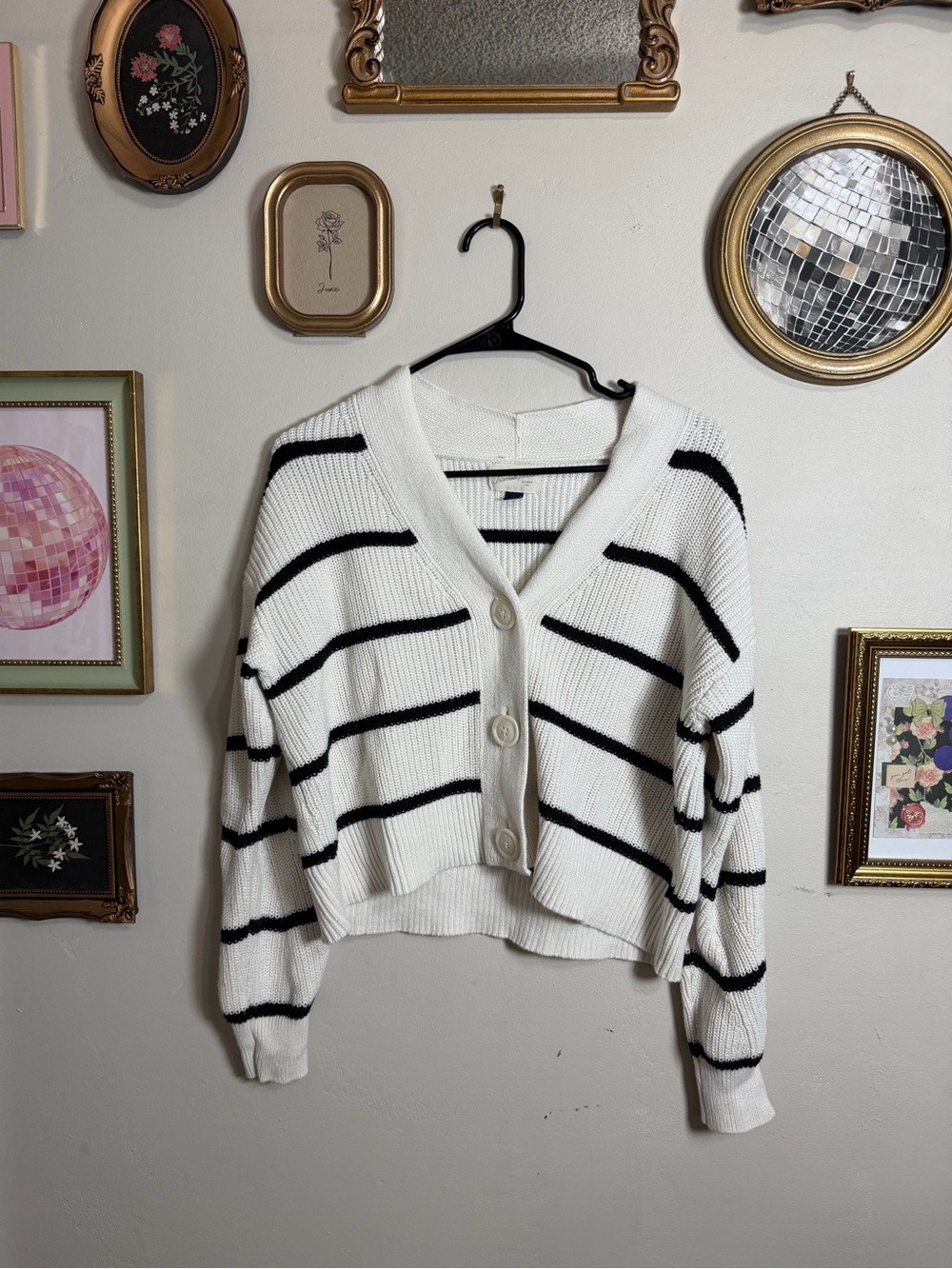Women's Cream Striped Button Front Sweater Cardigan